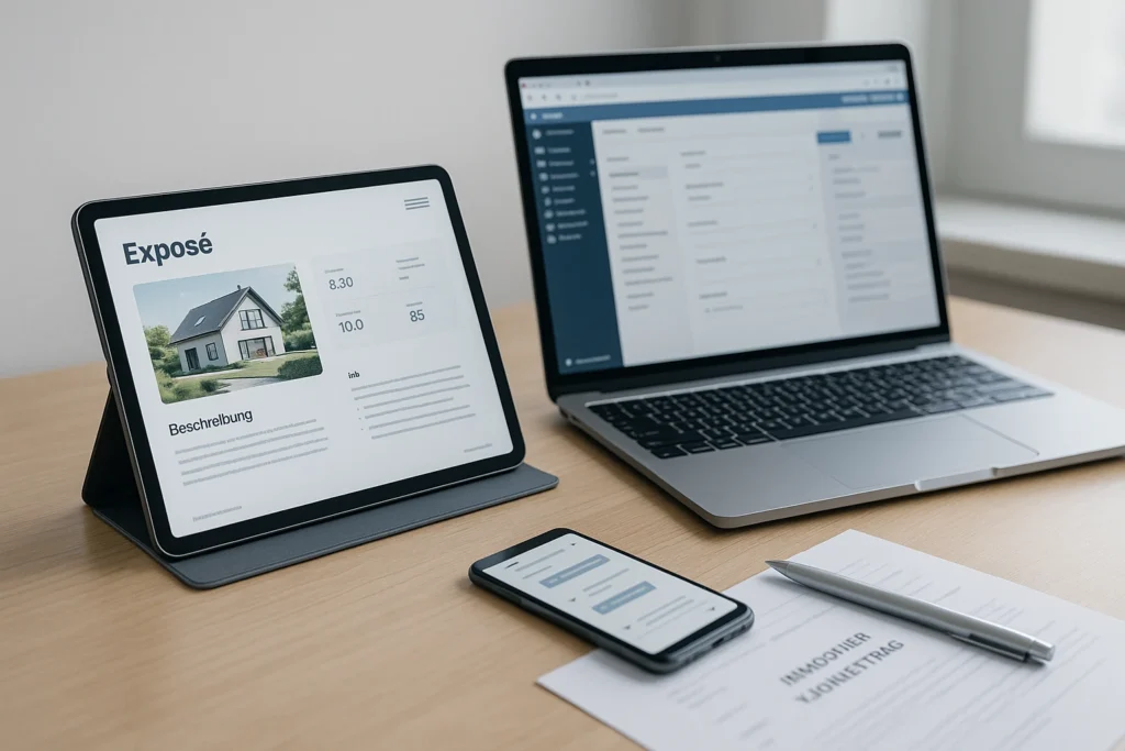 Digitaler Immobilienmakler arbeitet mit Laptop und Tablet an einem Exposé – effiziente Immobilienvermittlung im Oberland.