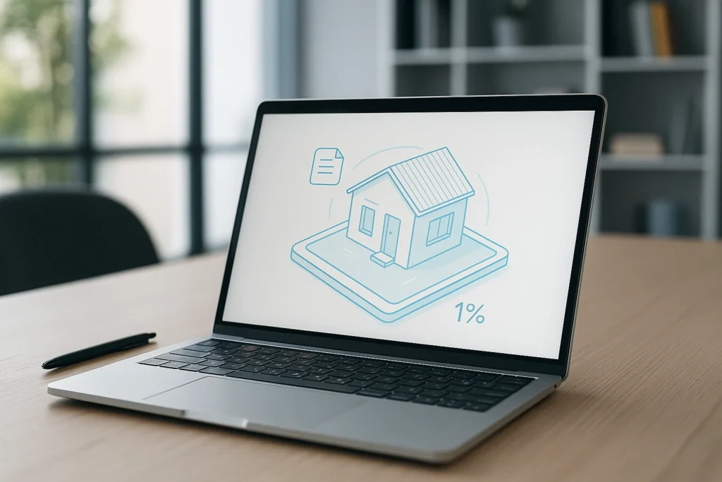 Notebook mit digitaler Hausskizze – Symbol für moderne, digitale Immobilienvermittlung im Oberland