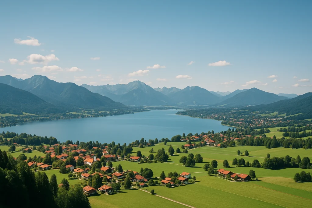 Blick über das bayerische Oberland mit grünen Wiesen, traditionellen Häusern und Alpen im Hintergrund – ideal für Immobilienverkauf in Miesbach, Bad Tölz und Tegernsee.