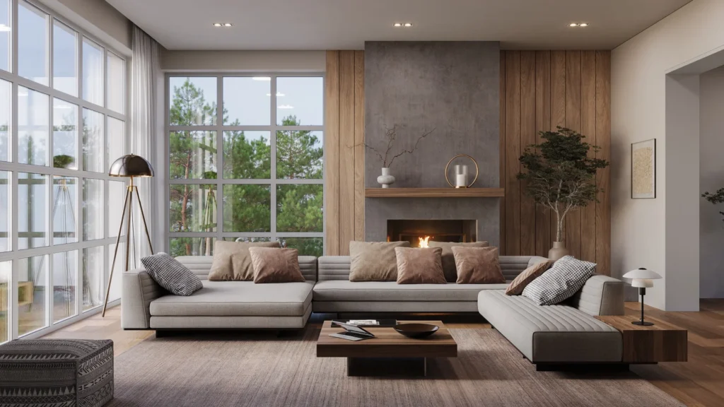 Modernes Alpenchalet-Wohnzimmer mit Kamin – hochwertiges Wohnen im Oberland.